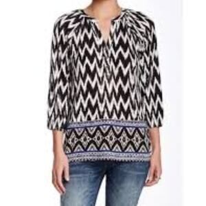 Lucky Brand Boho IKAT Top Womens Medium Blue Mixed Print Aztec Henley Knit